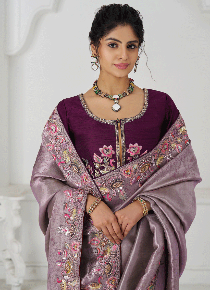 Mauve Embroidered Sequin Dola Silk Saree For Engagement & wedding functions