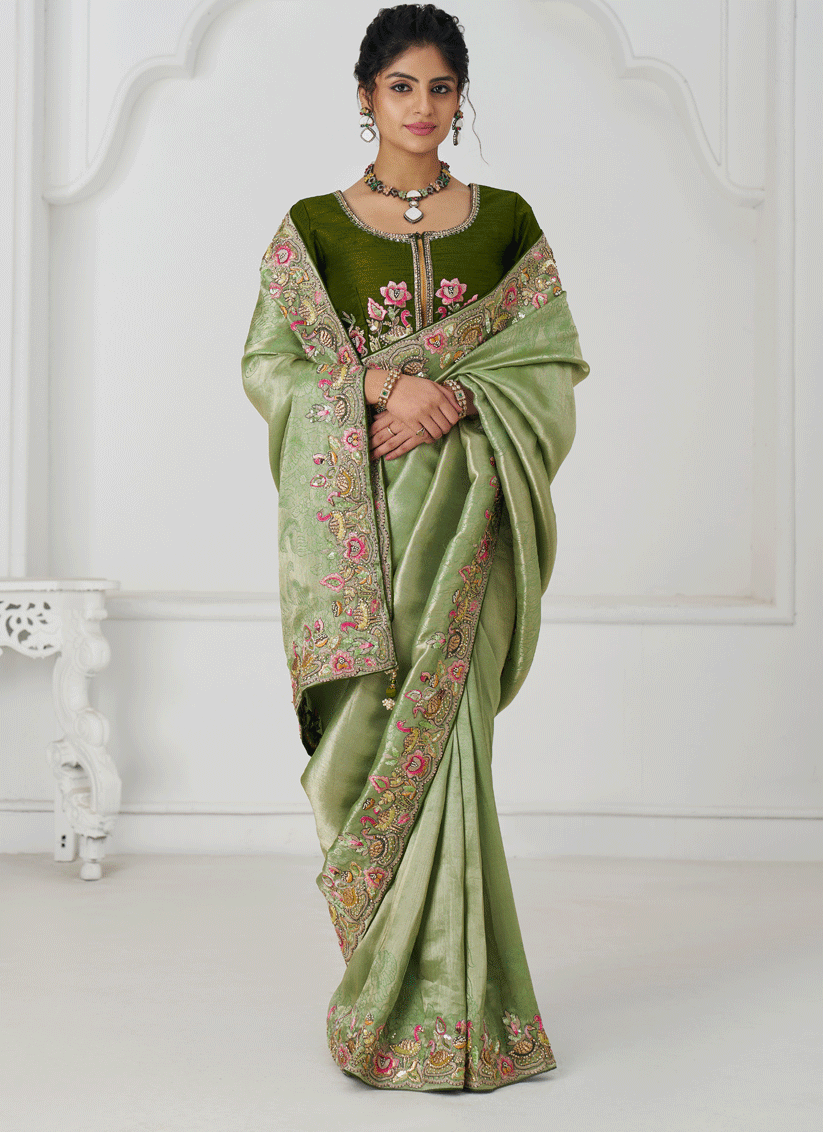 Mehendi Embroidered Sequin Dola Silk Saree For Engagement & wedding functions