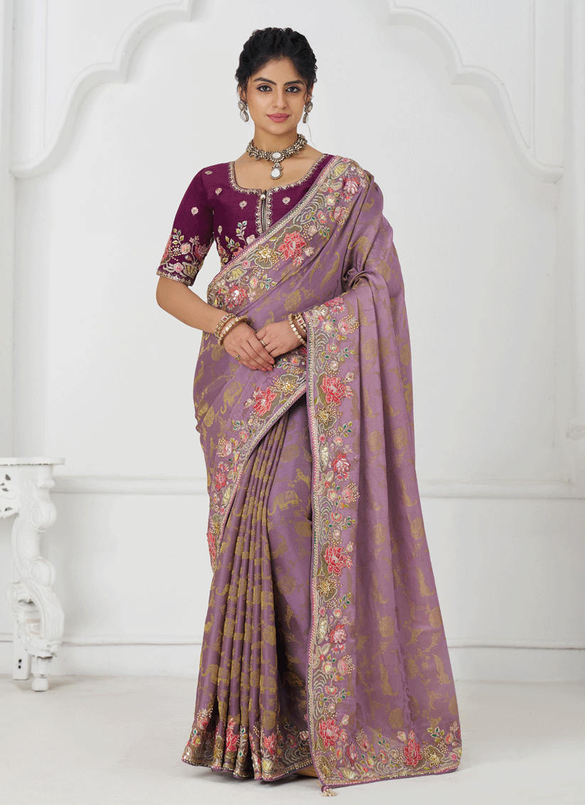 Glamorous Mauve Embroidered Pure Viscose Silk Jacquard Saree