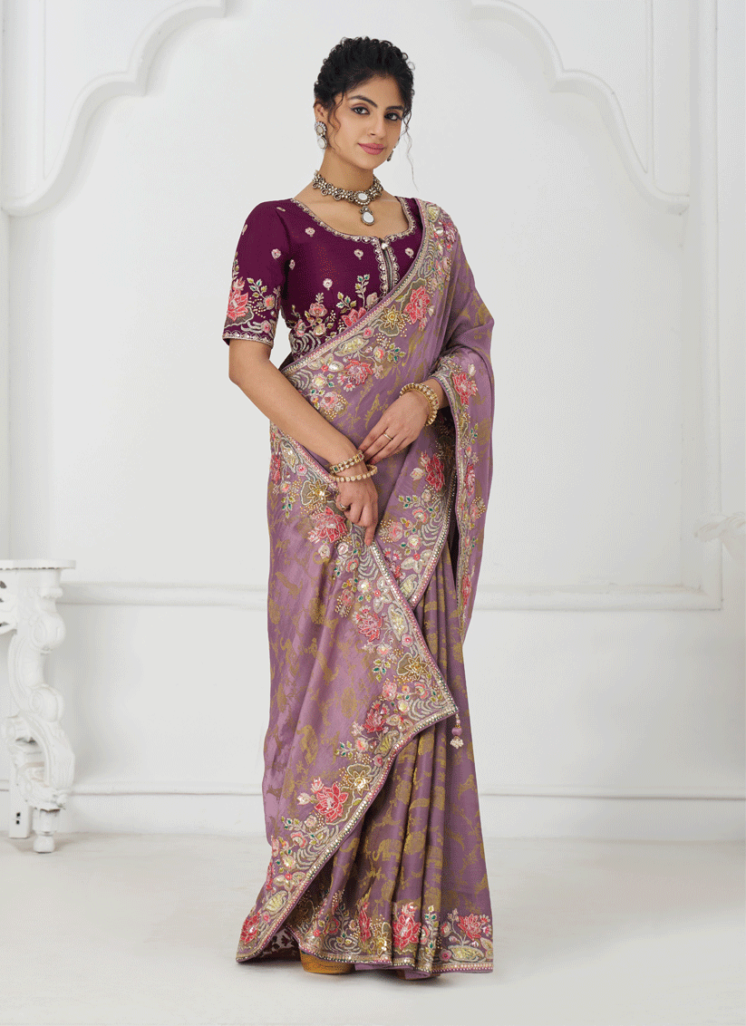 Glamorous Mauve Embroidered Pure Viscose Silk Jacquard Saree