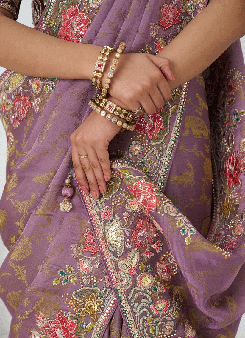 Glamorous Mauve Embroidered Pure Viscose Silk Jacquard Saree