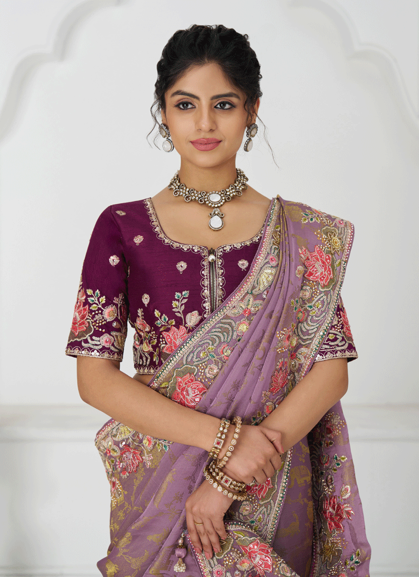 Glamorous Mauve Embroidered Pure Viscose Silk Jacquard Saree