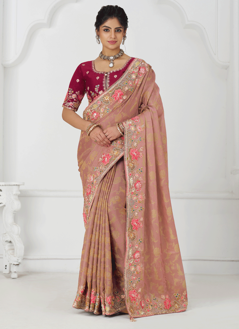 Peach Embroidered Pure Viscose Silk Jacquard Saree
