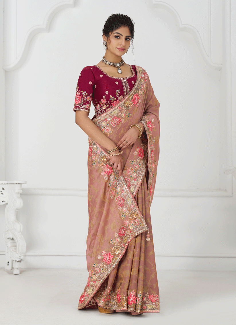 Peach Embroidered Pure Viscose Silk Jacquard Saree