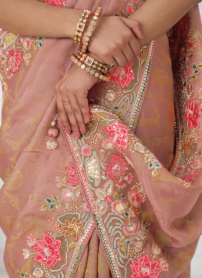 Peach Embroidered Pure Viscose Silk Jacquard Saree