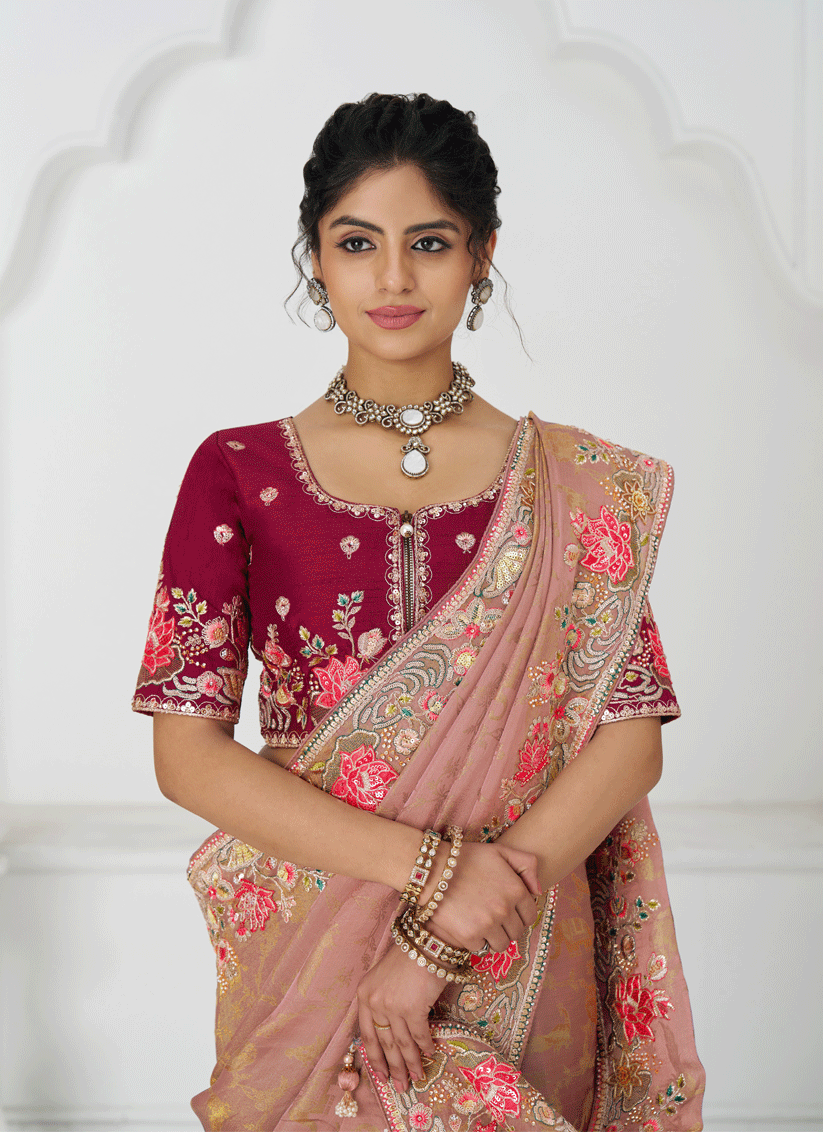 Peach Embroidered Pure Viscose Silk Jacquard Saree