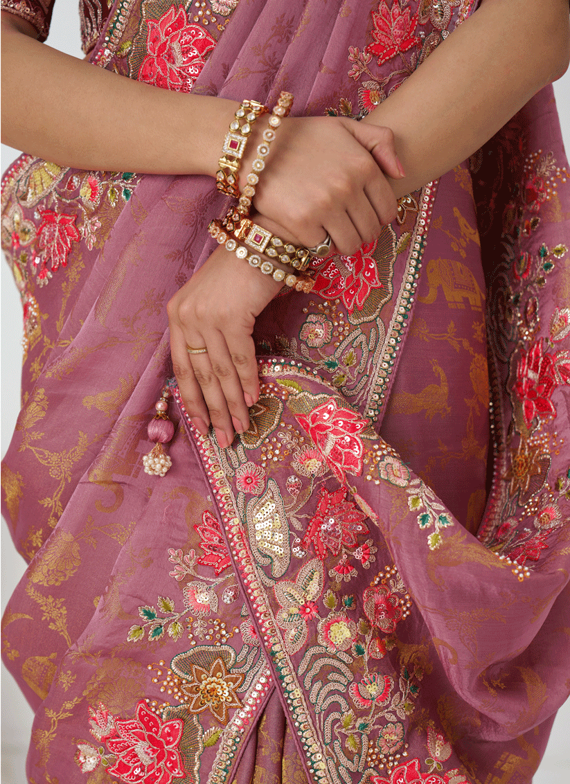 Pink Embroidered Pure Viscose Silk Jacquard Saree