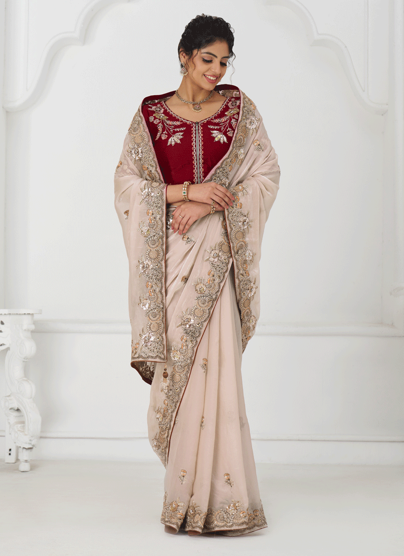 Light Beige Heavy Embroidered Floral Wedding Saree