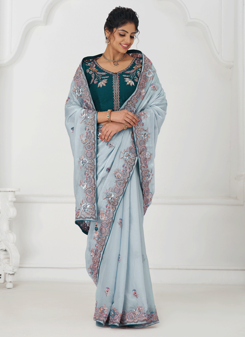 Sky Blue Fendi Silk Heavy Embroidered Floral Wedding Saree