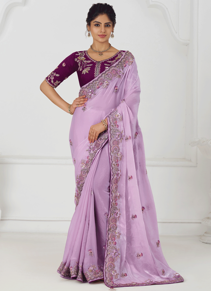 Mauve Fendi Silk Heavy Embroidered Floral Wedding Saree
