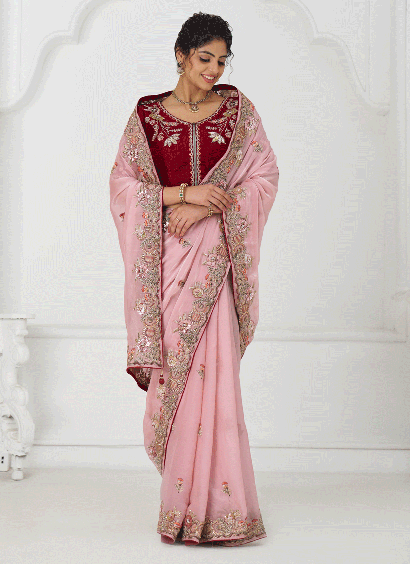 Pink Fendi Silk Heavy Embroidered Floral Wedding Saree