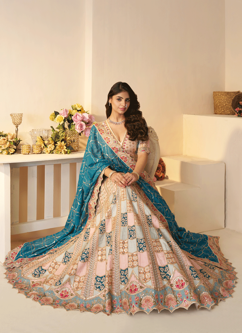 Sky-Blue Heavy Thread Work & Dola Silk Bridesmaid Lehenga Choli