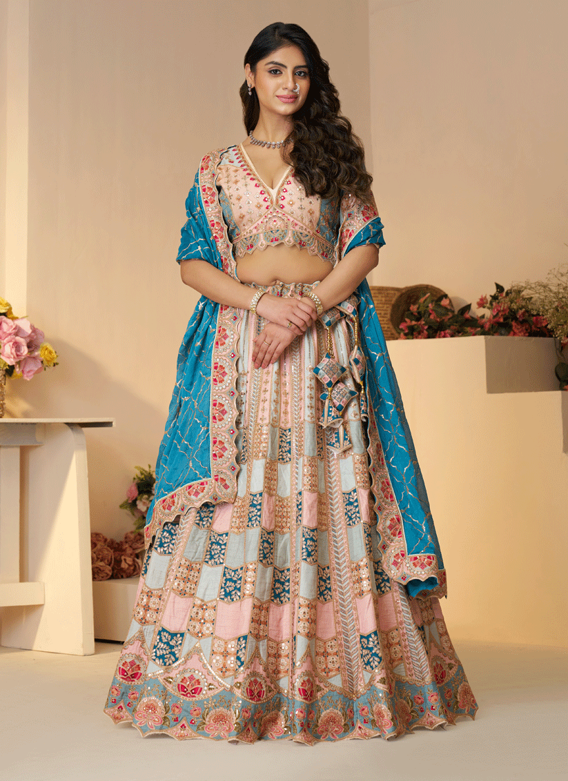 Sky-Blue Heavy Thread Work & Dola Silk Bridesmaid Lehenga Choli
