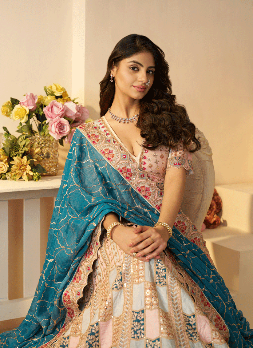 Sky-Blue Heavy Thread Work & Dola Silk Bridesmaid Lehenga Choli
