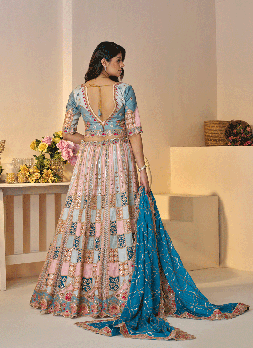 Sky-Blue Heavy Thread Work & Dola Silk Bridesmaid Lehenga Choli