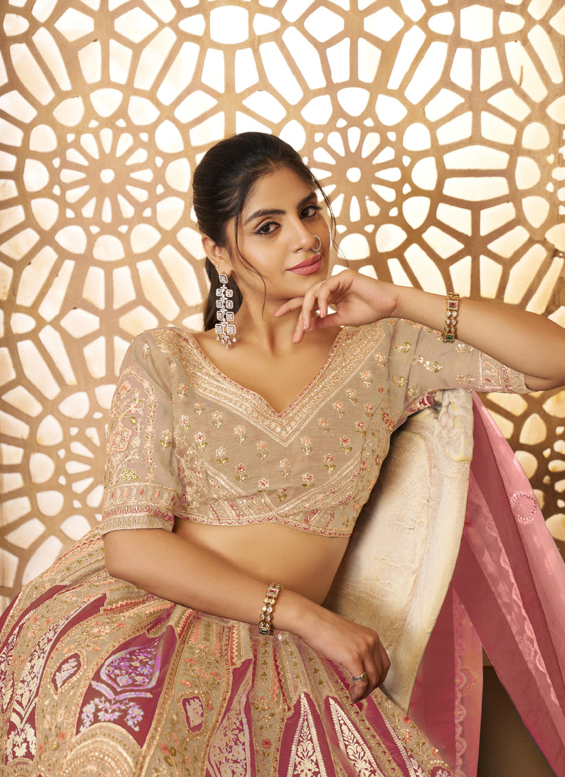 Champagne Heavy Embroidered Banarasi Silk Lehenga Choli For Wedding Wear