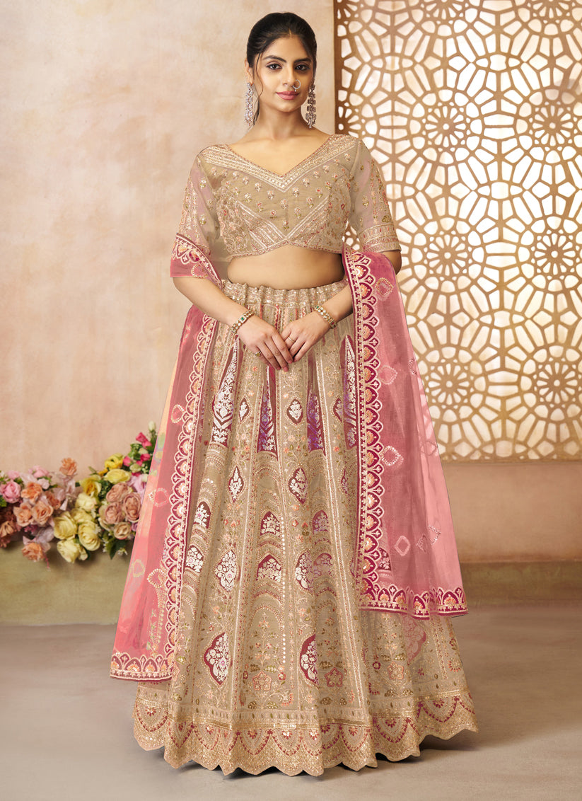 Champagne Heavy Embroidered Banarasi Silk Lehenga Choli For Wedding Wear
