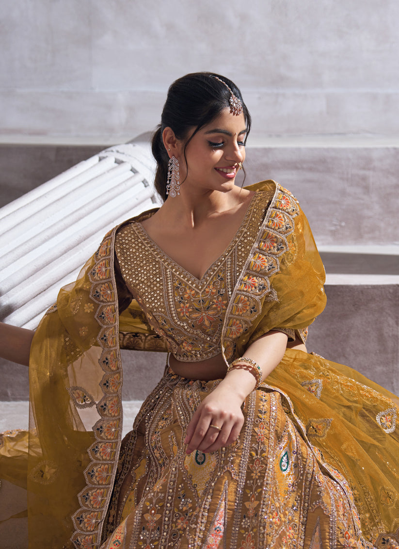 Mustard Heavy Embroidered Sequins Lehenga Choli For Wedding Wear