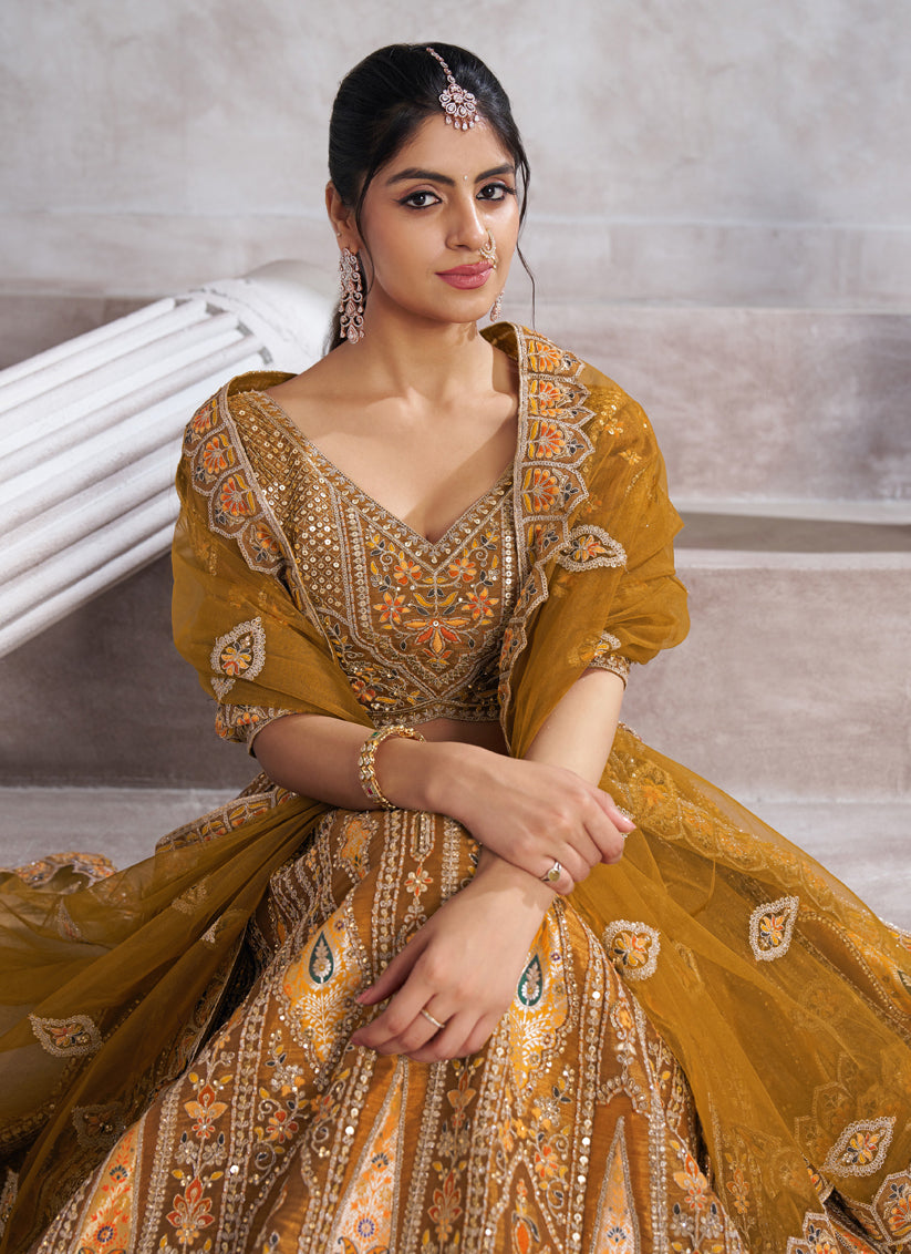Mustard Heavy Embroidered Sequins Lehenga Choli For Wedding Wear