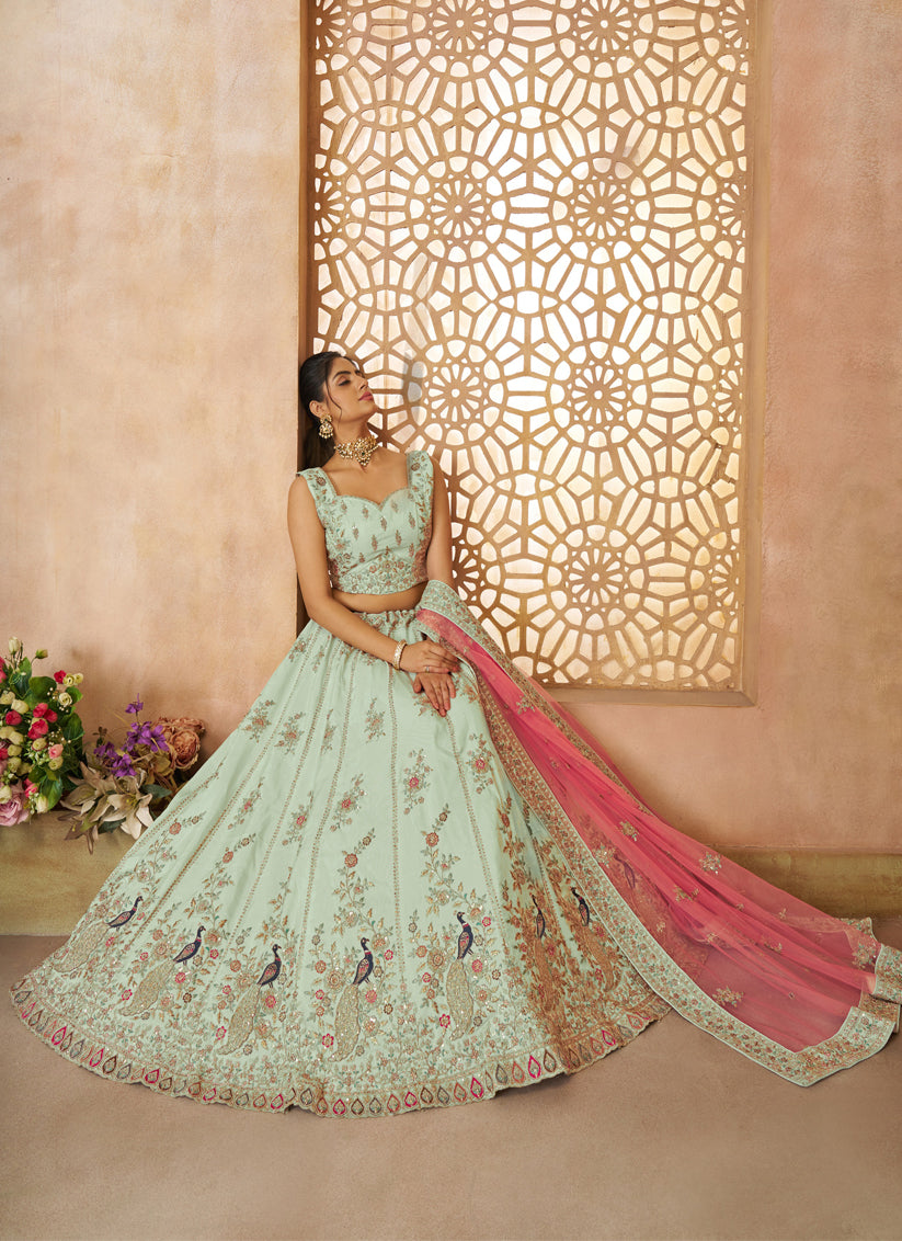 Green Peacock Embroidered Zari Silk Bridal Lehenga Choli