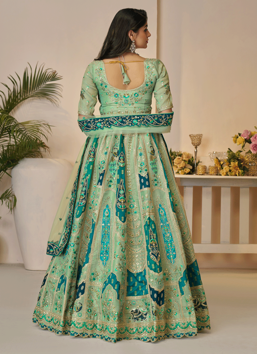 Spectacular Green  Embroidered Banarasi Silk Wedding Festive Lehenga Choli