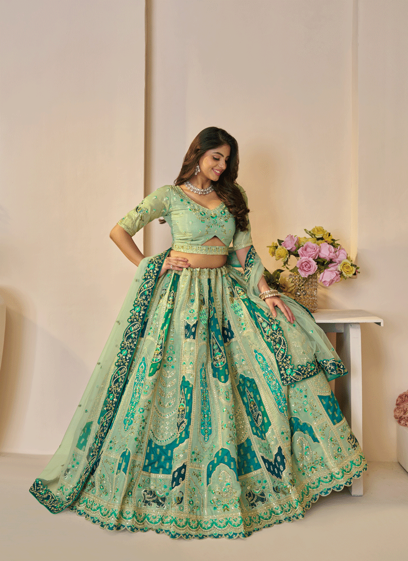 Spectacular Green  Embroidered Banarasi Silk Wedding Festive Lehenga Choli