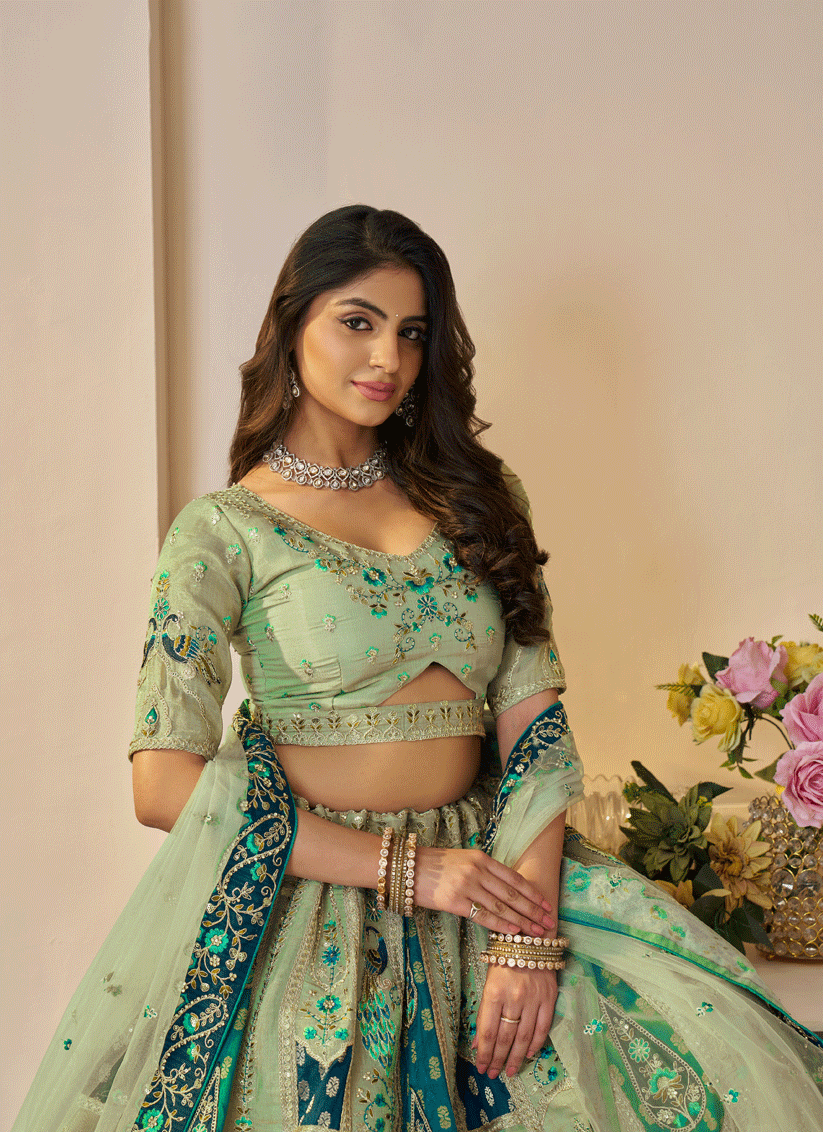 Spectacular Green  Embroidered Banarasi Silk Wedding Festive Lehenga Choli