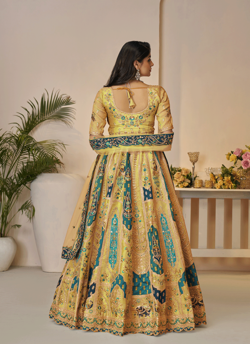 Yellow Embroidered Banarasi Silk Wedding Festive Lehenga Choli