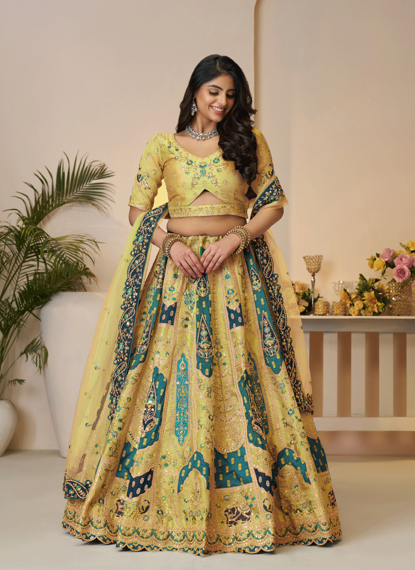 Yellow Embroidered Banarasi Silk Wedding Festive Lehenga Choli