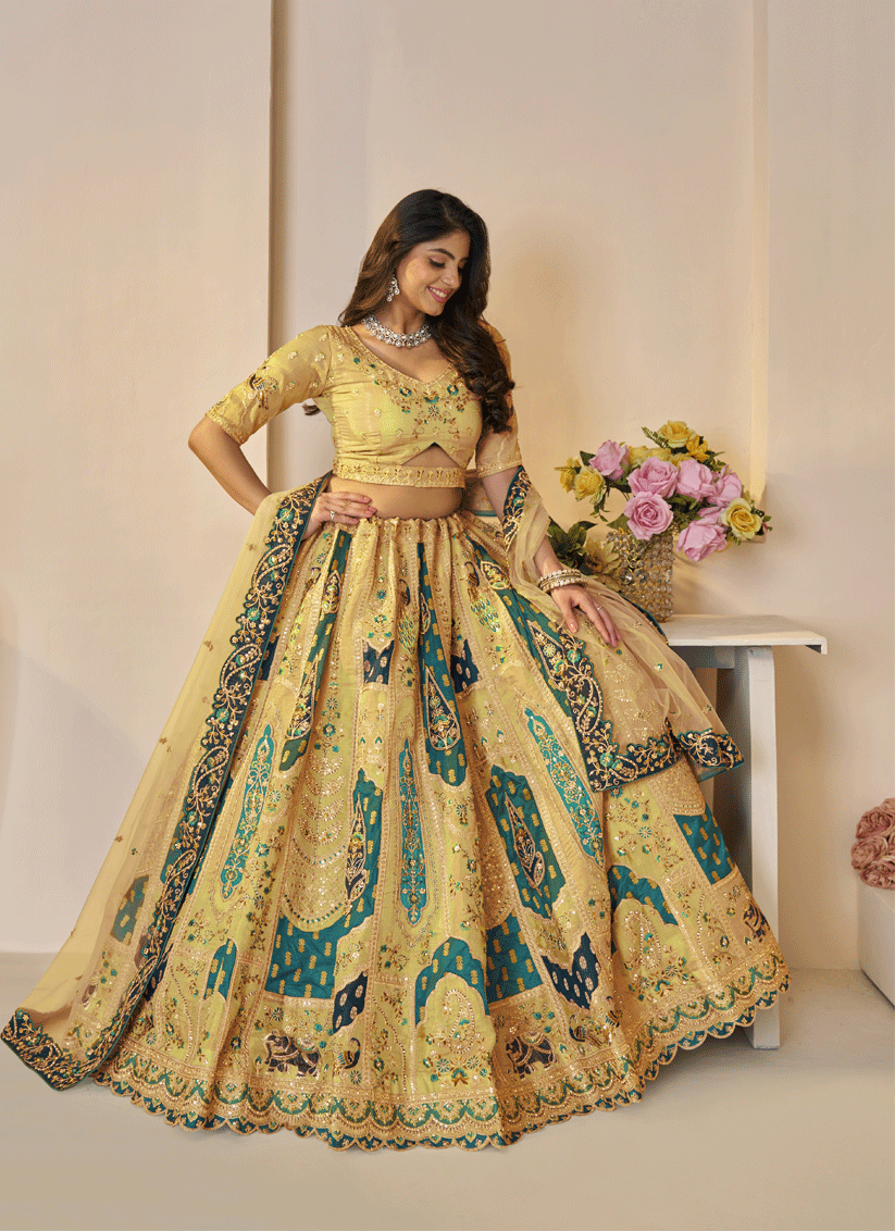 Yellow Embroidered Banarasi Silk Wedding Festive Lehenga Choli
