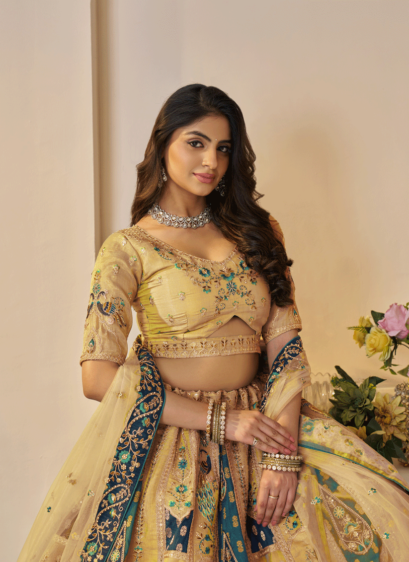 Yellow Embroidered Banarasi Silk Wedding Festive Lehenga Choli
