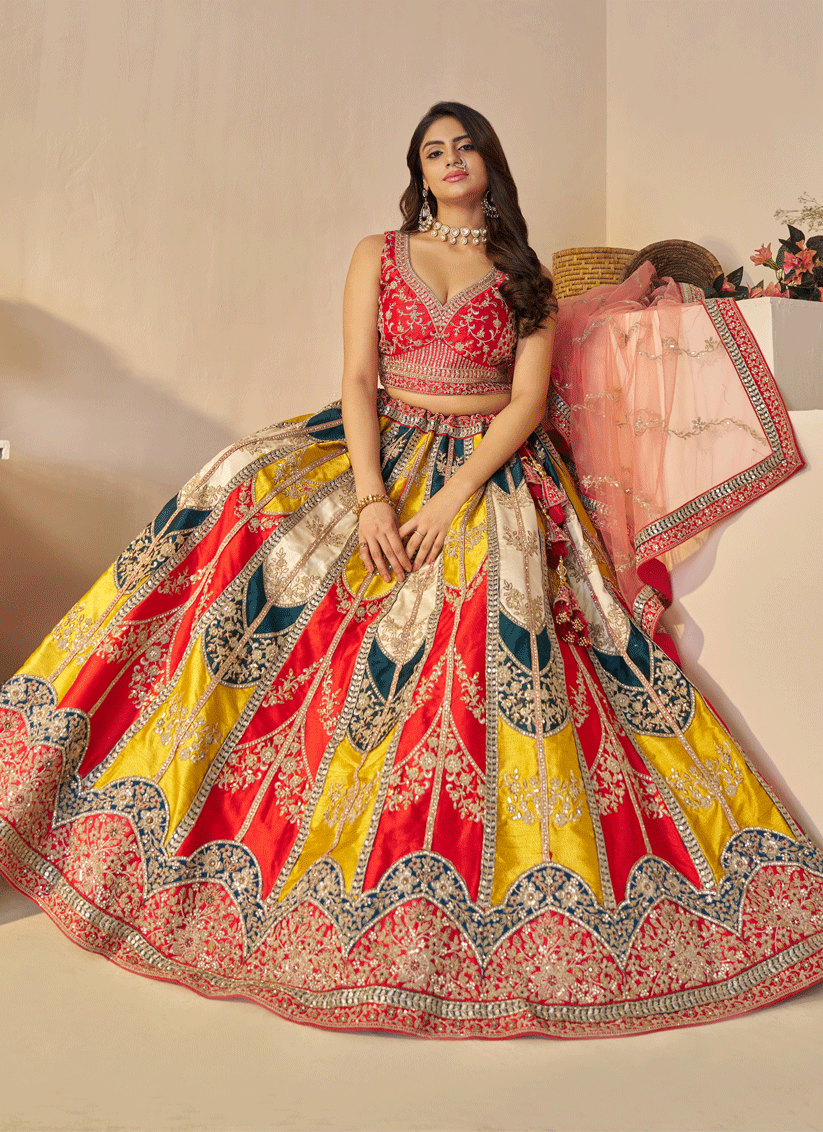 Multicolor Embroidered Sequins Silk Lehenga Choli