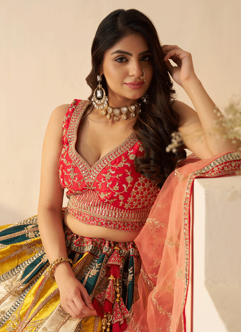 Multicolor Embroidered Sequins Silk Lehenga Choli