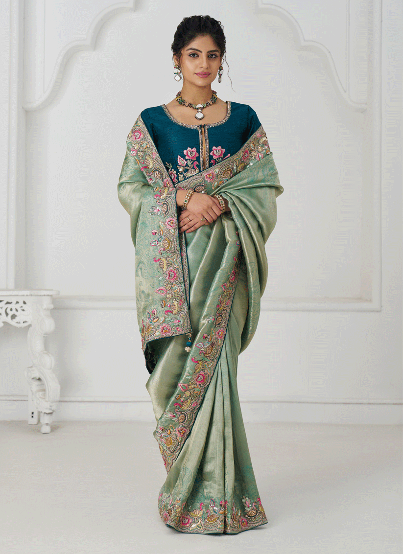 Sage Green Embroidered Zari Saree For Traditional Wear For Engagement & wedding functions