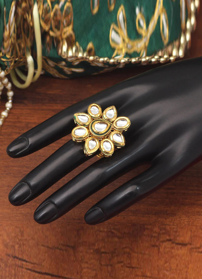 White Kundan Meenakari Finger Ring