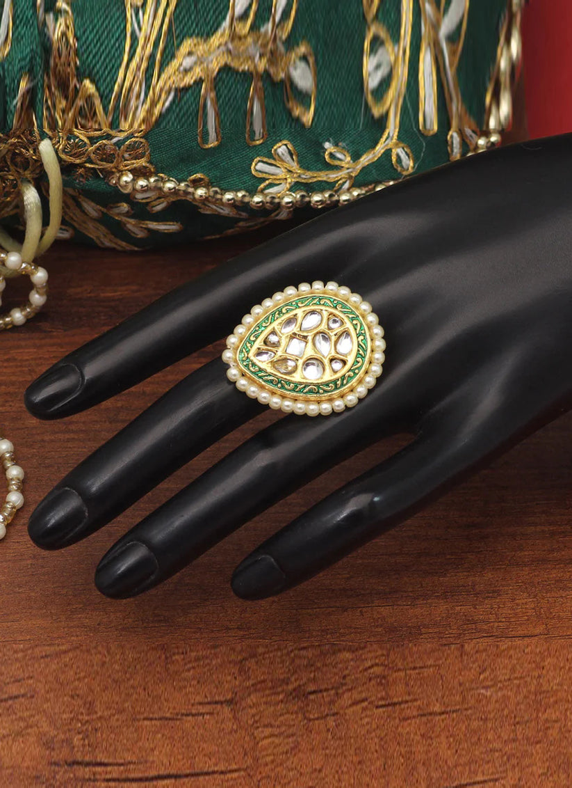 Green Kundan Meenakari Finger Ring
