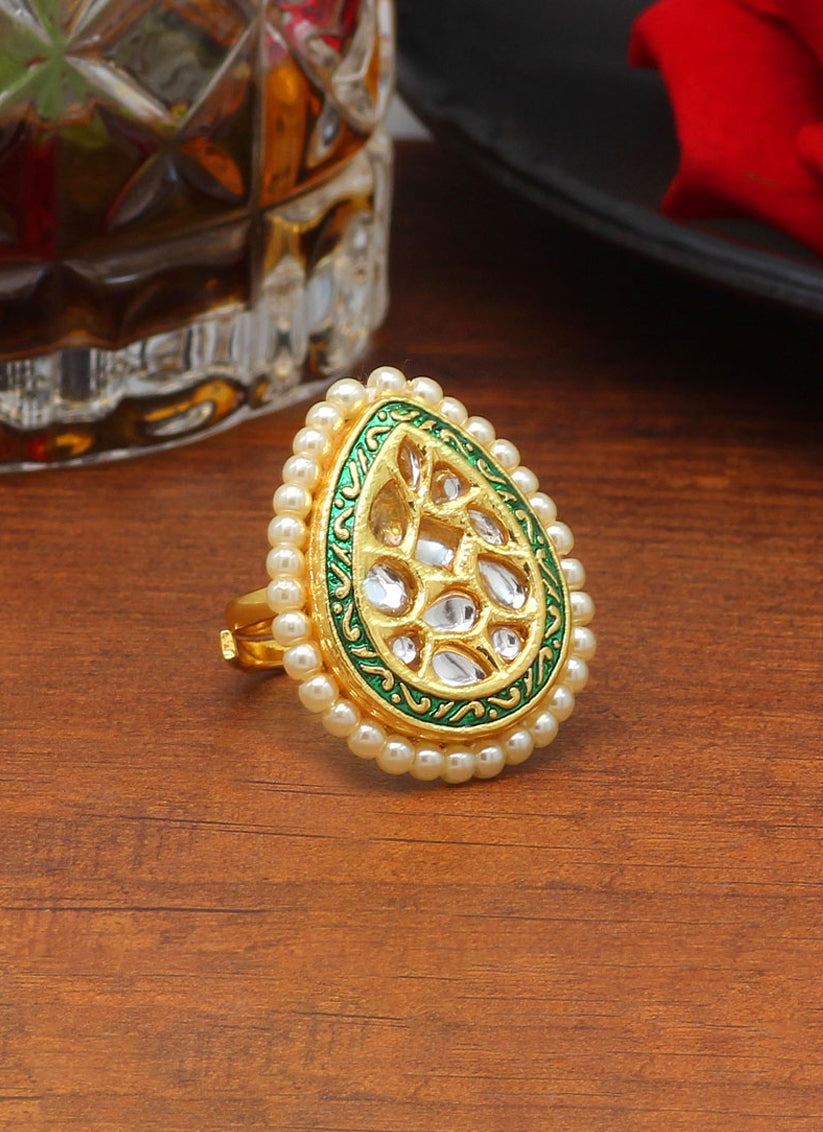 Green Kundan Meenakari Finger Ring