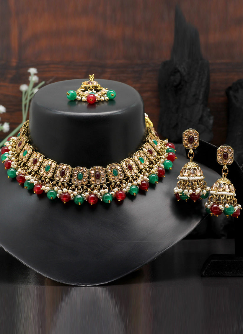 Maroon & Green Kundan Choker Necklace Set