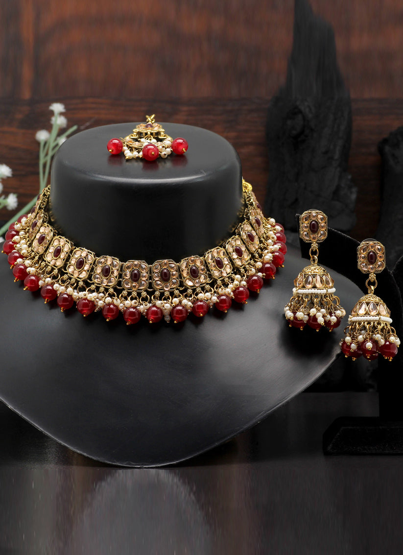 Maroon Kundan Choker Necklace Set