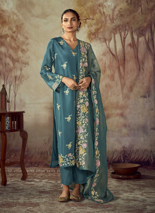 Peacock Blue Embroidered Silk Plus Size Pant Kameez