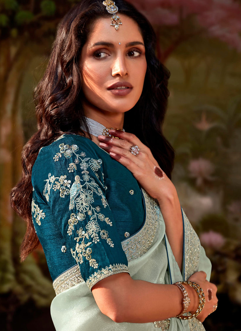 Ice Grey Organza Chiffon Embroidered Designer Wedding Saree