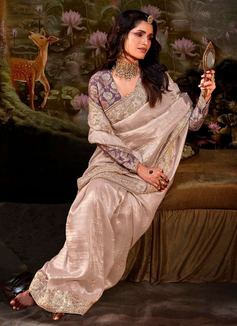 Blush Pink Organza Chiffon Embroidered Designer Wedding Saree