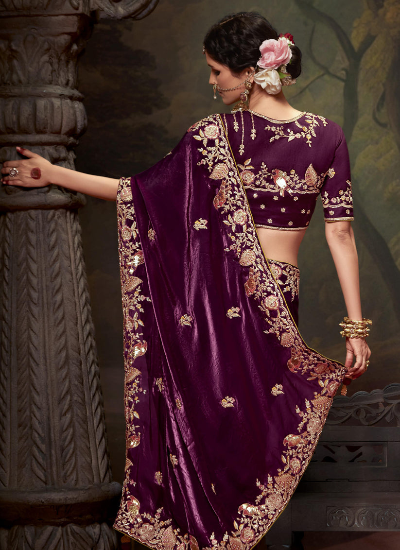Wine Tissue Organza Embroidered Wedding Saree
