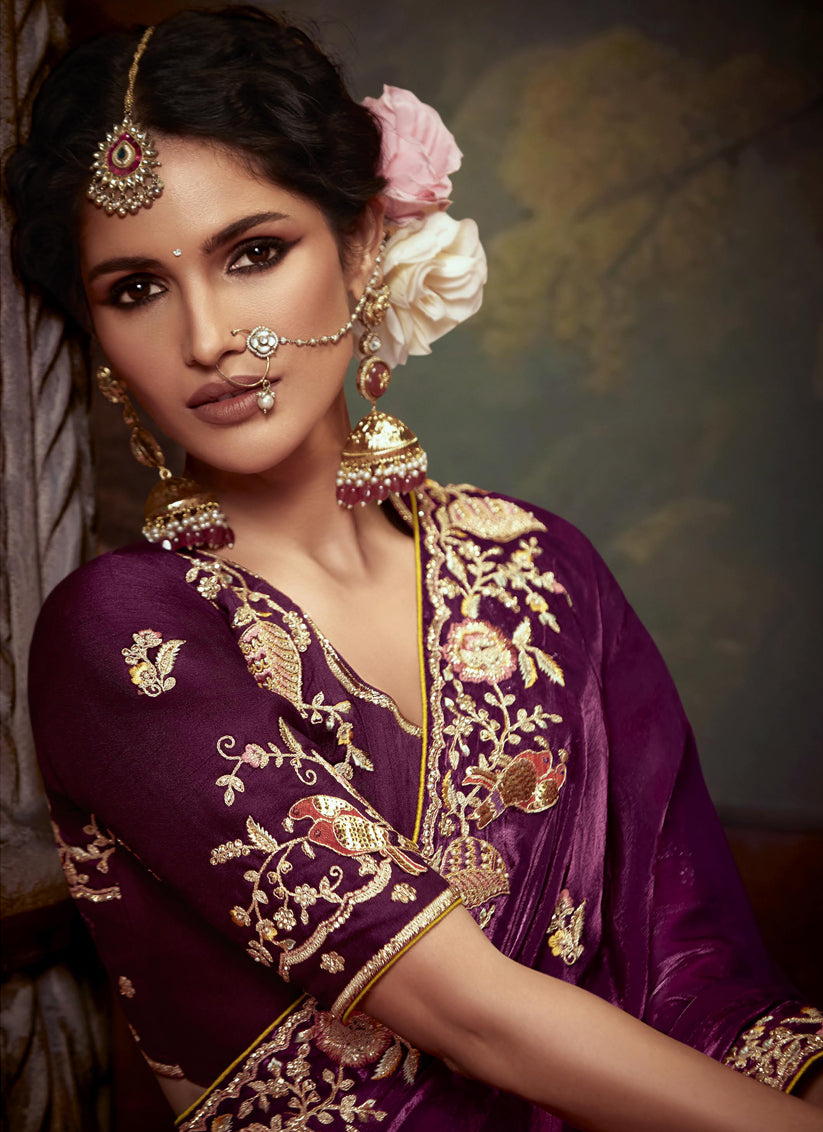 Wine Tissue Organza Embroidered Wedding Saree