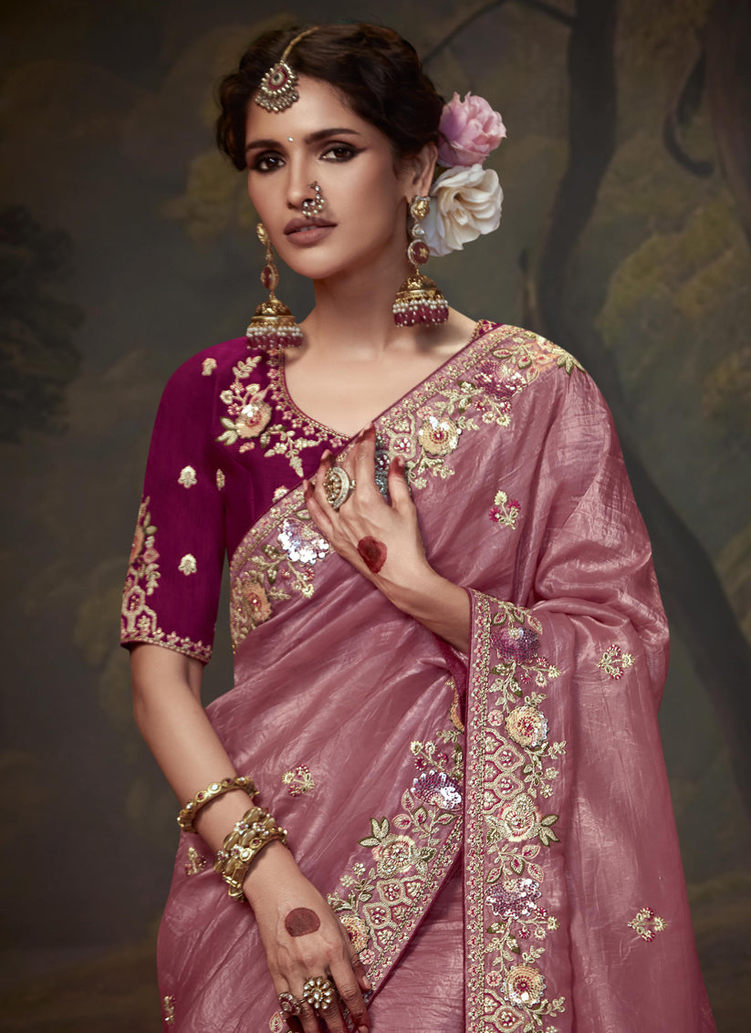 Old Rose Pink Tissue Organza Embroidered Wedding Saree