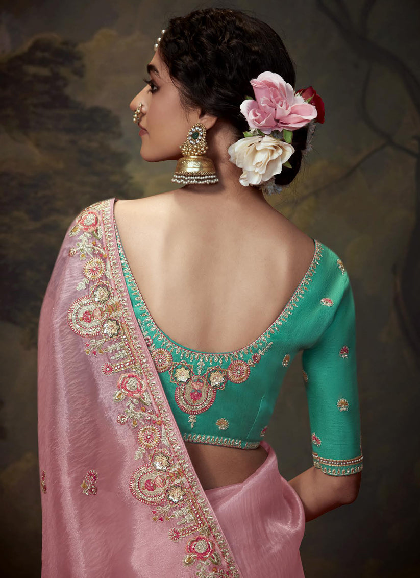 Carnation Pink Tissue Organza Embroidered Wedding Saree