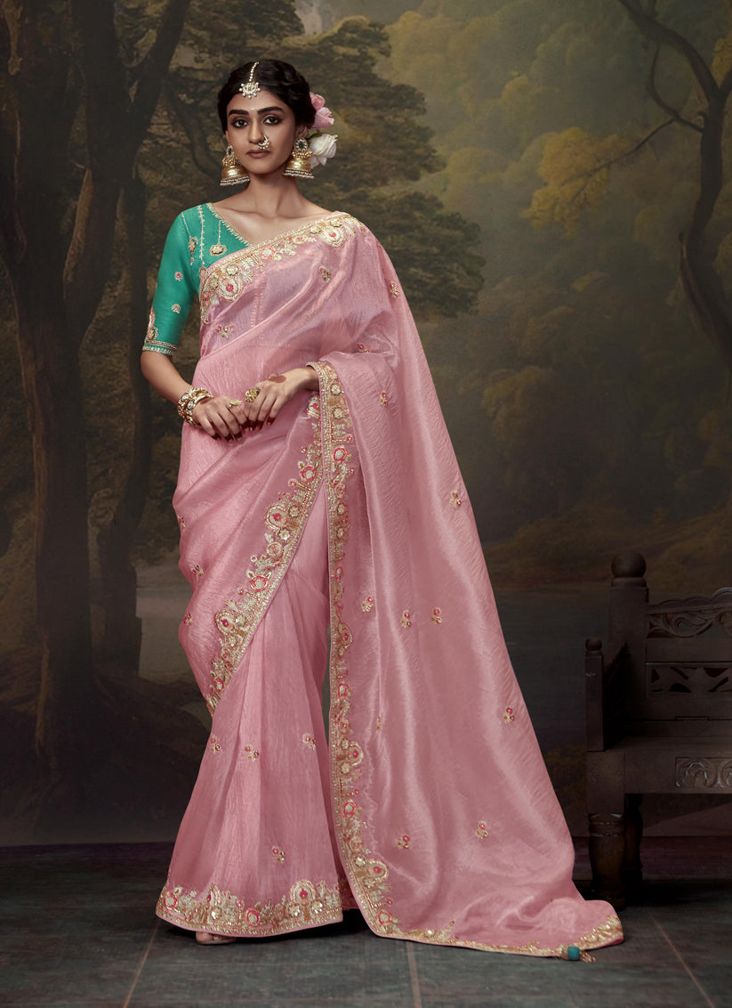 Carnation Pink Tissue Organza Embroidered Wedding Saree