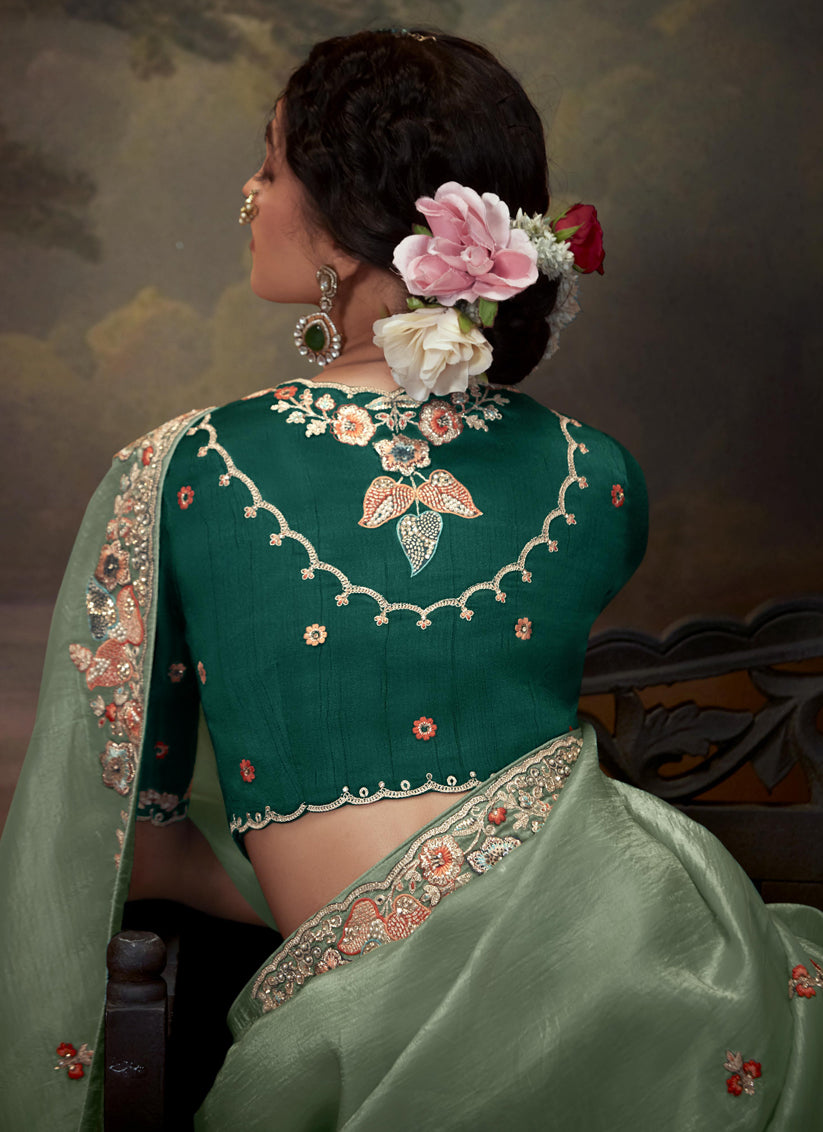 Teal Mint Tissue Organza Embroidered Wedding Saree