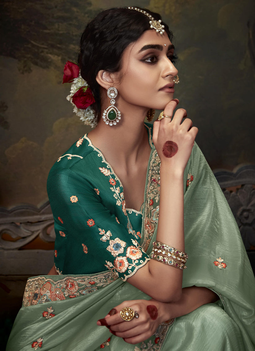 Teal Mint Tissue Organza Embroidered Wedding Saree