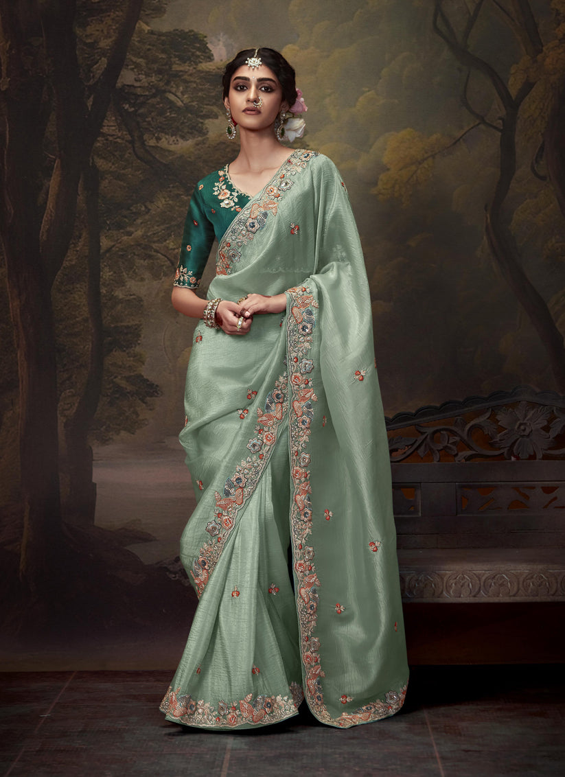 Teal Mint Tissue Organza Embroidered Wedding Saree